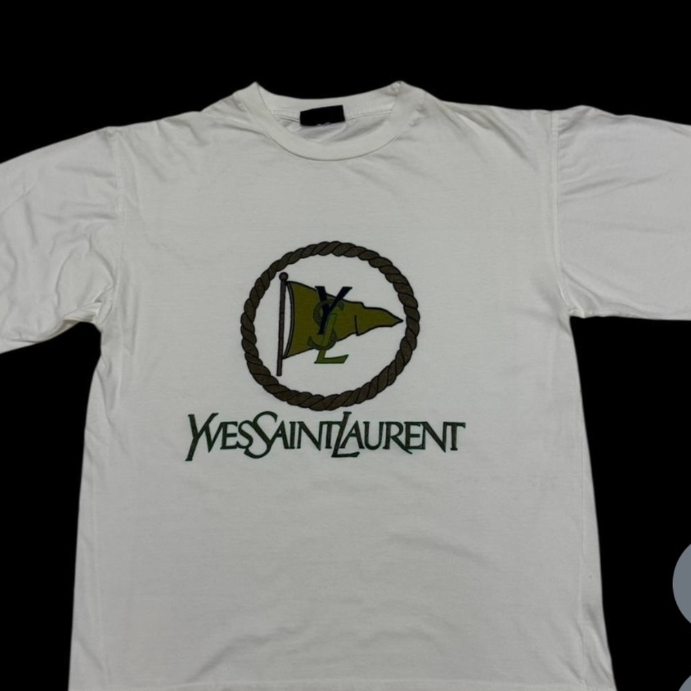 Yves Saint Laurent White and Green Logo Long Sleeve Shirt